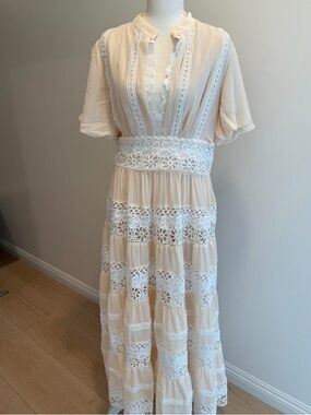 Elegant Cream Lace-Trim Maxi Dress